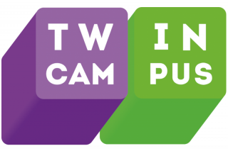 Violetti ja vihreä palkki, joissa lukee Twin Campus.