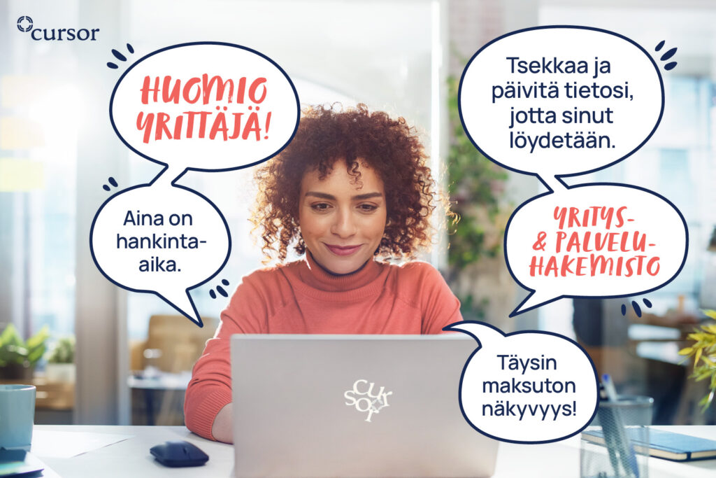 Nainen istuu ja katsoo tietokonetta. Hänen ympärillään on useita puhekuplia kuvaamassa hänen ajatuksiaan.