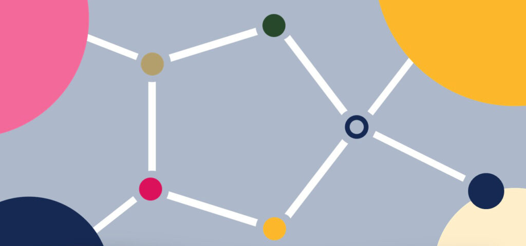 Varustamo-hankkeen graafinen kuva useista viivoista, jotka yhdistyvät toisiinsa pienten pallojen avulla.